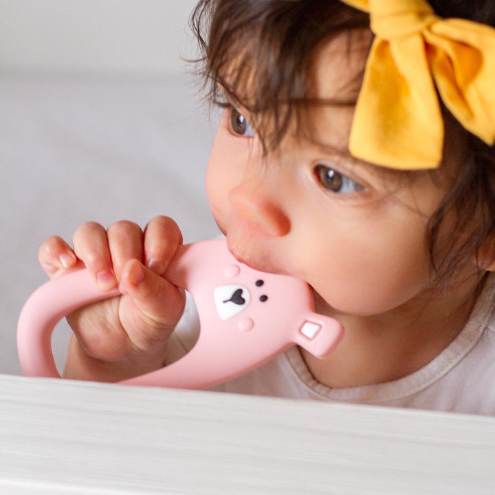 Baby Teether Set Pink Bear Silicone Teether Set By Little Cheeks - Little Kooma