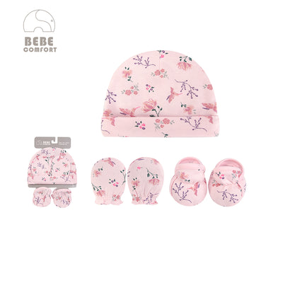 Bebe Comfort Hats n Scratch Mittens n Booties 5 Pcs Set Pink Bird Flowers BC73135 - Little Kooma