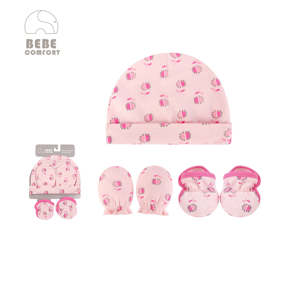 Bebe Comfort Hats n Scratch Mittens n Booties 5 Pcs Set Pink Flowers BC73137 - Little Kooma