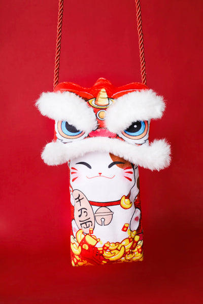 Baby Kids CNY Chinese New Year Ang Bao Red Velvet Envelope Sling Bag Fortune Cat w Dancing Lion - Little Kooma