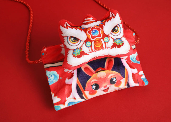 Baby Kids CNY Chinese New Year Rabbit Year Ang Bao Red Velvet Envelope Sling Bag Dancing Lion - Little Kooma