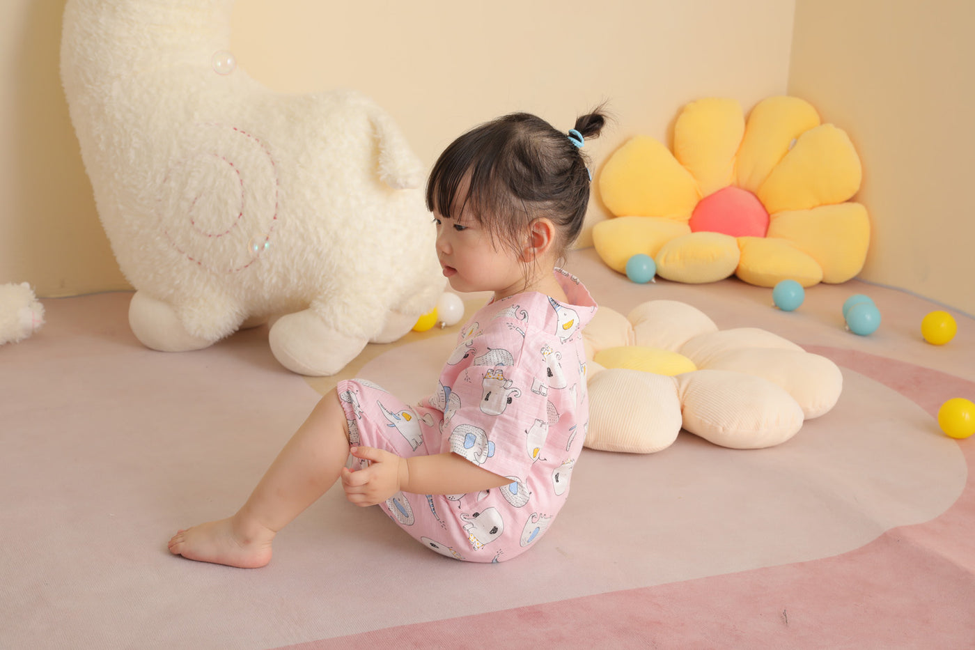 Baby Breathable Cotton Gauze Fabric Kimono Romper Pink w Elephants - Little Kooma