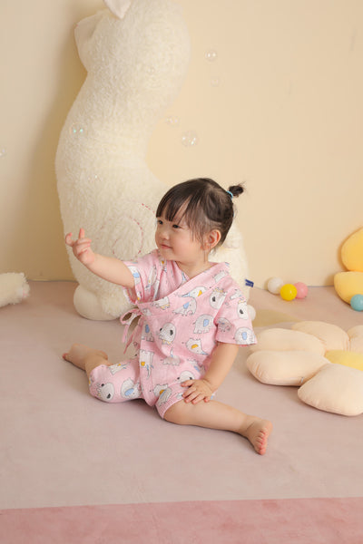 Baby Breathable Cotton Gauze Fabric Kimono Romper Pink w Elephants - Little Kooma