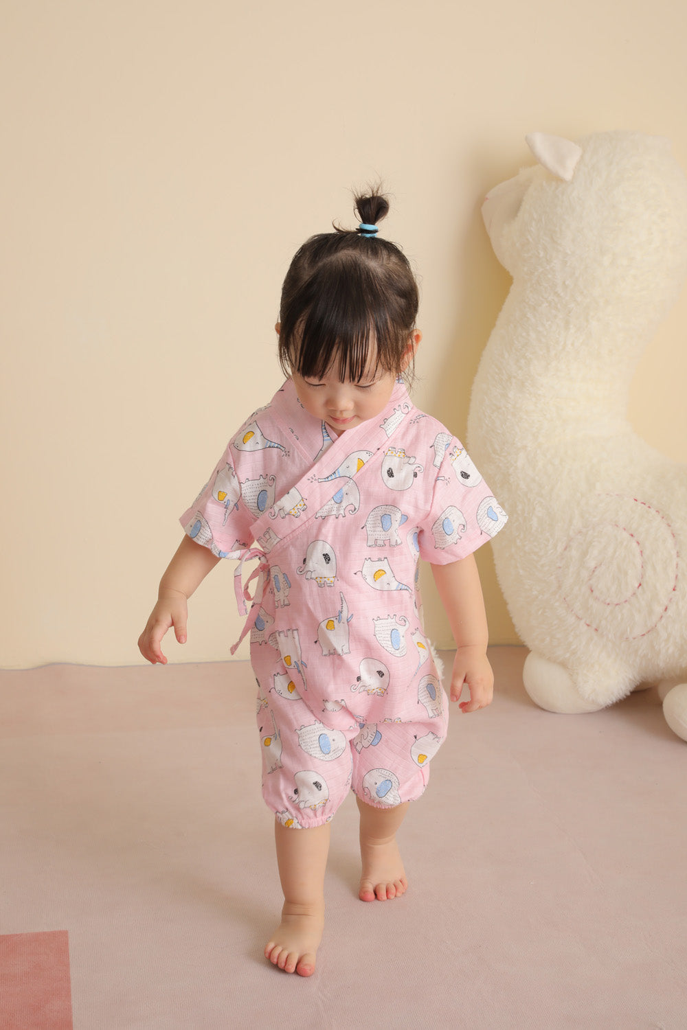 Baby Breathable Cotton Gauze Fabric Kimono Romper Pink w Elephants - Little Kooma