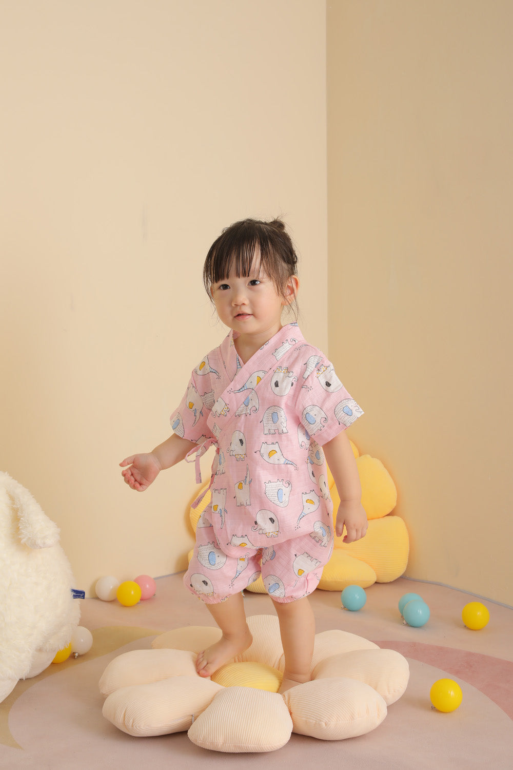 Baby Breathable Cotton Gauze Fabric Kimono Romper Pink w Elephants - Little Kooma
