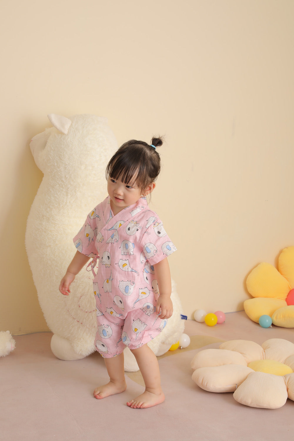 Baby Breathable Cotton Gauze Fabric Kimono Romper Pink w Elephants - Little Kooma