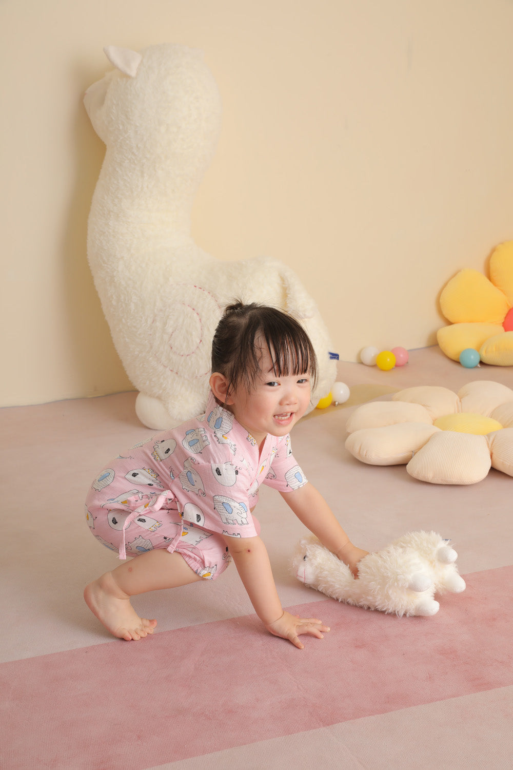 Baby Breathable Cotton Gauze Fabric Kimono Romper Pink w Elephants - Little Kooma