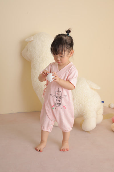 Baby Girl Kimono Romper Pink w White Dots Bear Hugs for Daddy - Little Kooma