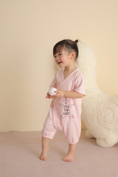 Baby Girl Kimono Romper Pink w White Dots Bear Hugs for Daddy - Little Kooma