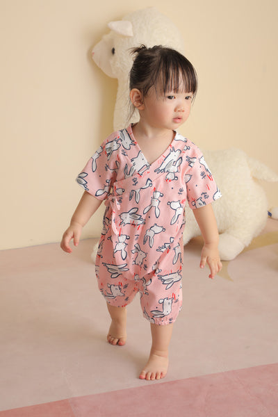 Baby Kimono Romper Peach w Bunnies - Little Kooma