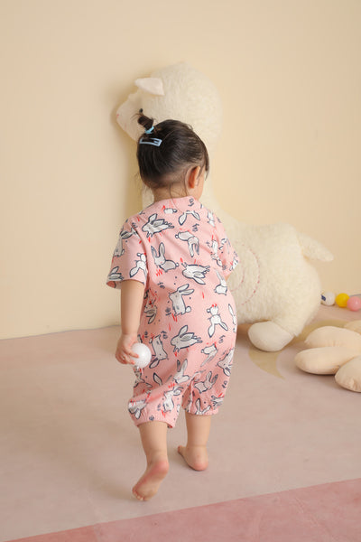 Baby Kimono Romper Peach w Bunnies - Little Kooma