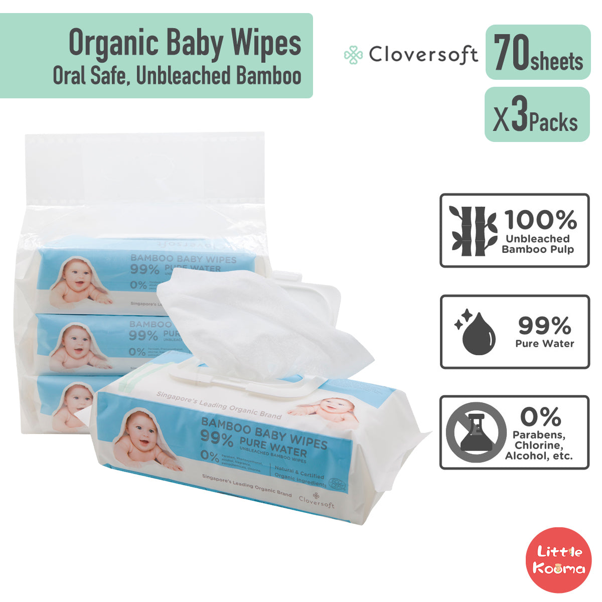 Cloversoft Organic Baby Wipes, Oral Safe, Unbleached Bamboo Pure Water, 70 sheets per pack - Little Kooma