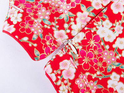 A10 Red Cheongsam Dress w White n Pink Plum Blossoms Flowers - Little Kooma