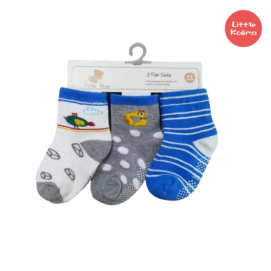 First Step Baby Socks 3 Pairs Pack Anti-slip BC71218 - Little Kooma