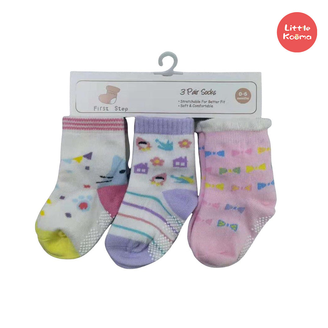 First Step Baby Socks 3 Pairs Pack Anti-slip BC71223 - Little Kooma