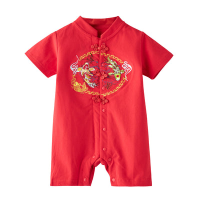 A01 Baby Boy Red Cheongsam Romper Double Carp Fish [Ready Stock] - Little Kooma