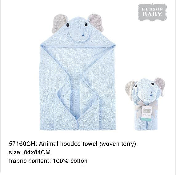 Hudson Baby Animal Woven Terry Hooded Bath Towel Swaddle Blue Elephant - 0512 - Little Kooma