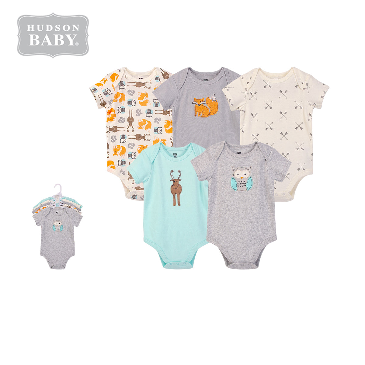 Hudson Baby Bodysuit 5pc Set Short Sleeve Forest Neutral 59979 - Little Kooma