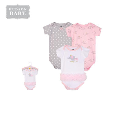 Hudson Baby Bodysuits 3 Piece Short Sleeves Pack Pink/Gray Elephant 13625 - Little Kooma