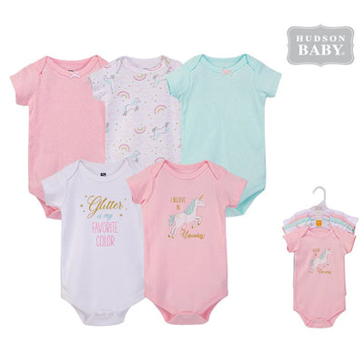 Hudson Baby Bodysuits 5 Piece Pack Glitter Unicorn 58418 - 0512 - Little Kooma