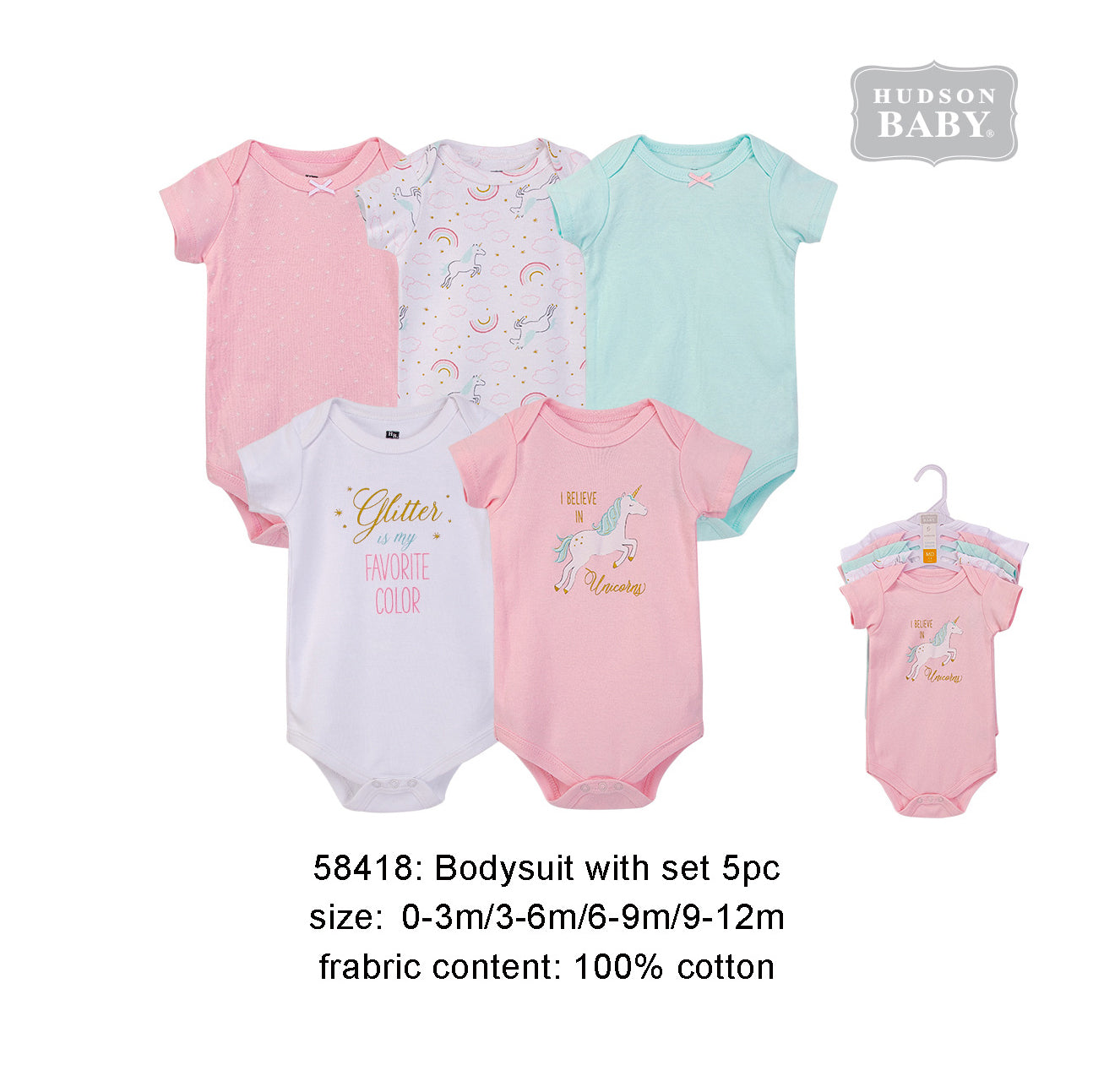 Hudson Baby Bodysuits 5 Piece Pack Glitter Unicorn 58418 - 0512 - Little Kooma