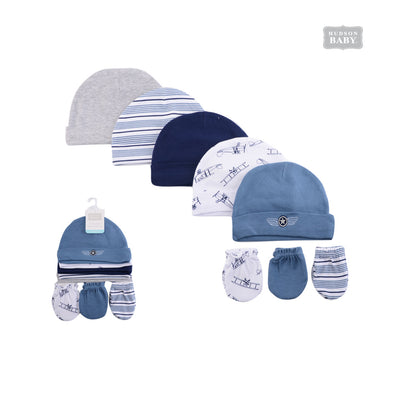Hudson Baby Hats n Scratch Mittens 8 Pcs Set Aviation 51480 - 1102 - Little Kooma