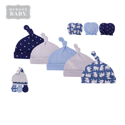 Hudson Baby Hats n Scratch Mittens 8 Pcs Set Blue Elephant 56144 - Little Kooma