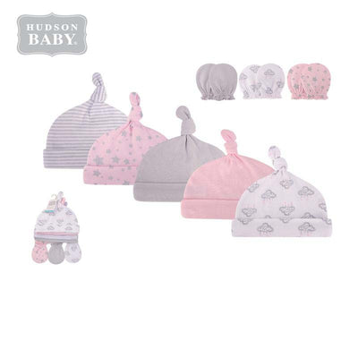 Hudson Baby Hats n Scratch Mittens 8 Pcs Set Cloud Mobile Pink 56156 - Little Kooma