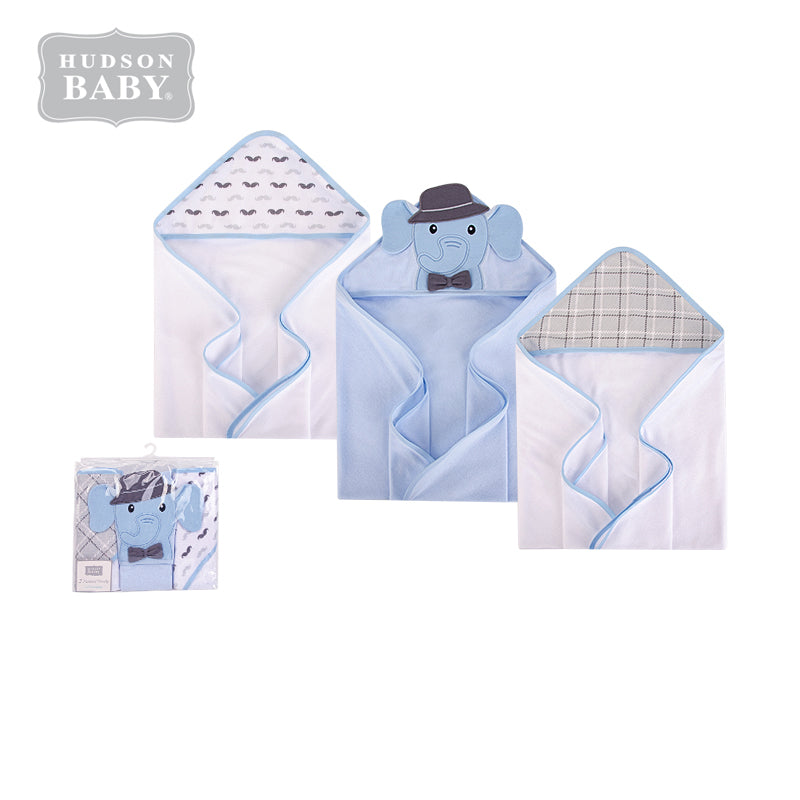 Hudson Baby Knit Terry Hooded Towel Set 3 Piece 57986 Blue/Charcoal Elephant - Little Kooma