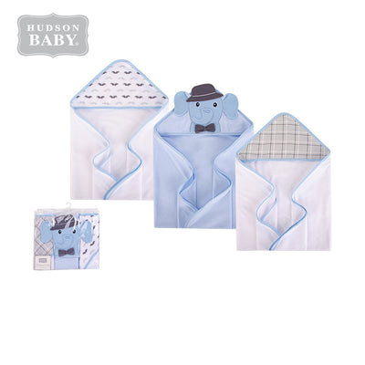 Hudson Baby Knit Terry Hooded Towel Set 3 Piece 57986 Blue/Charcoal Elephant - Little Kooma