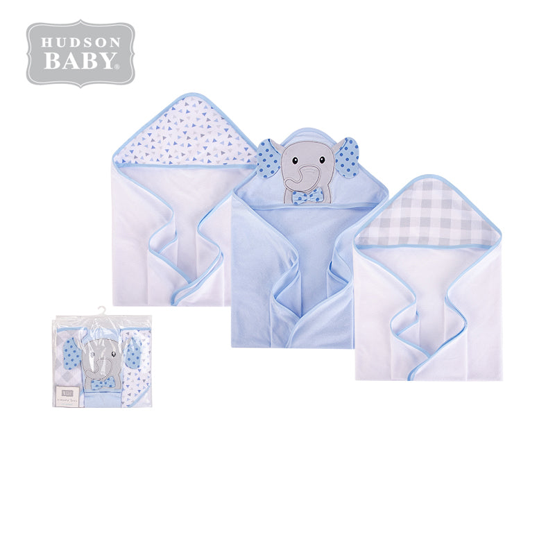 Hudson Baby Knit Terry Hooded Towel Set 3 Piece 57987 Blue Dots/Gray Elephant - Little Kooma