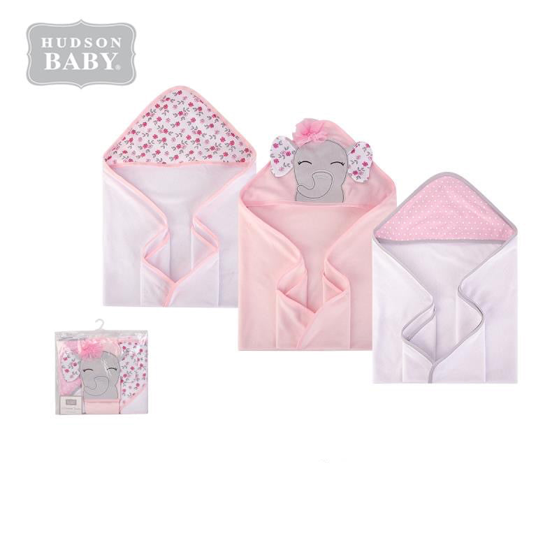 Hudson Baby Knit Terry Hooded Towel Set 3 Piece 57993 Floral Elephant - Little Kooma