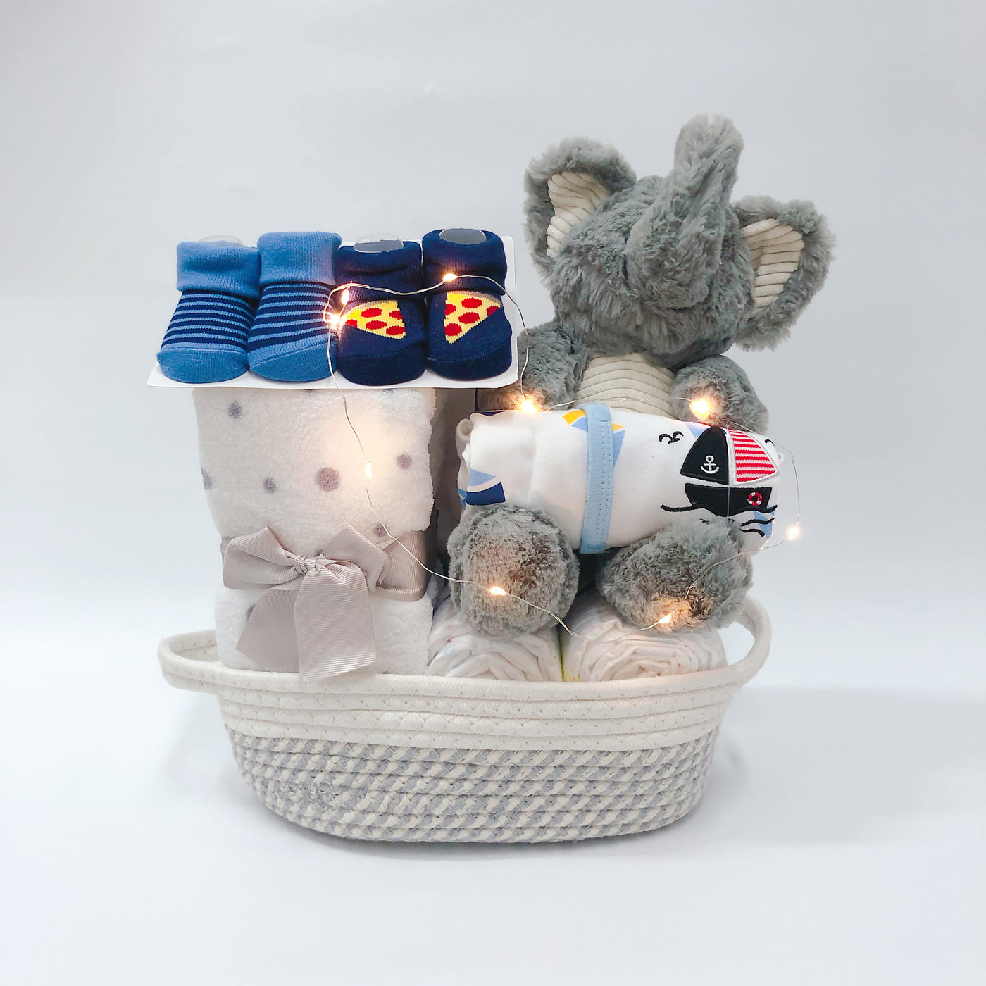 New Born Baby Boy LED Light Diaper Layette Toy Blanket Elephant Shark Sailing Boat Gift Hamper - Little Kooma