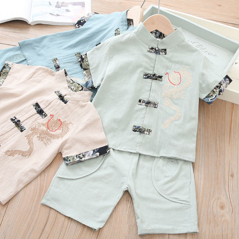 Kids Boys Cheongsam Set Top n Shorts Embroidered Dragon CNY Chinese New Year Outfit - Little Kooma