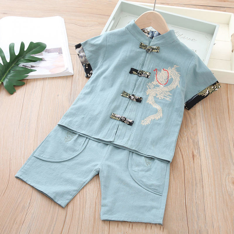 Kids Boys Cheongsam Set Top n Shorts Embroidered Dragon CNY Chinese New Year Outfit - Little Kooma