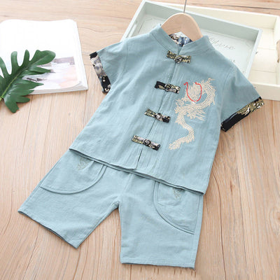 Kids Boys Cheongsam Set Top n Shorts Embroidered Dragon CNY Chinese New Year Outfit - Little Kooma