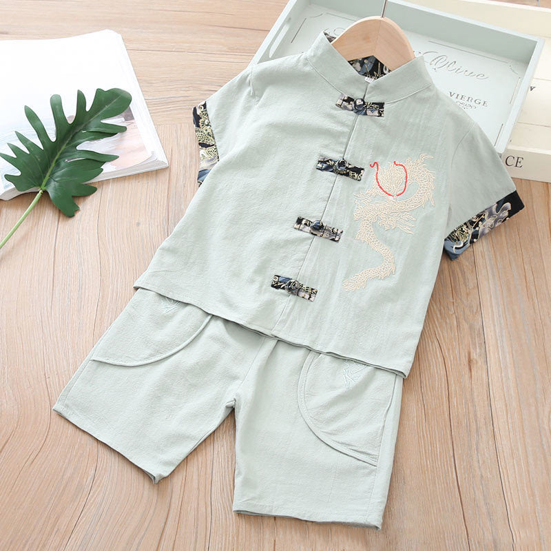 Kids Boys Cheongsam Set Top n Shorts Embroidered Dragon CNY Chinese New Year Outfit - Little Kooma
