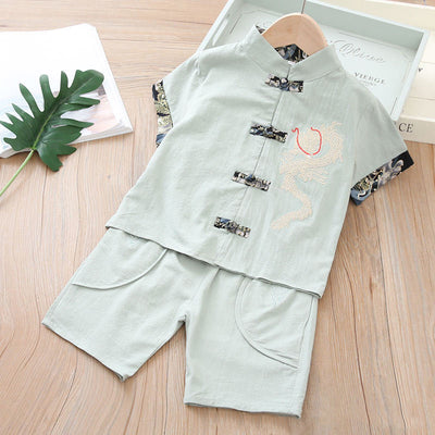Kids Boys Cheongsam Set Top n Shorts Embroidered Dragon CNY Chinese New Year Outfit - Little Kooma