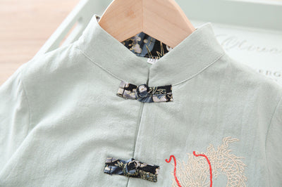 Kids Boys Cheongsam Set Top n Shorts Embroidered Dragon CNY Chinese New Year Outfit - Little Kooma