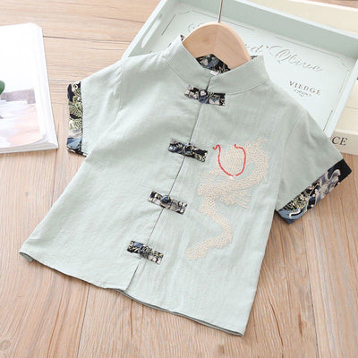 Kids Boys Cheongsam Set Top n Shorts Embroidered Dragon CNY Chinese New Year Outfit - Little Kooma
