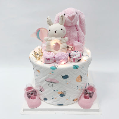 New Born Baby Girl LED Light Diaper Cake Pink Bunny Roses Gift Hamper - Little Kooma