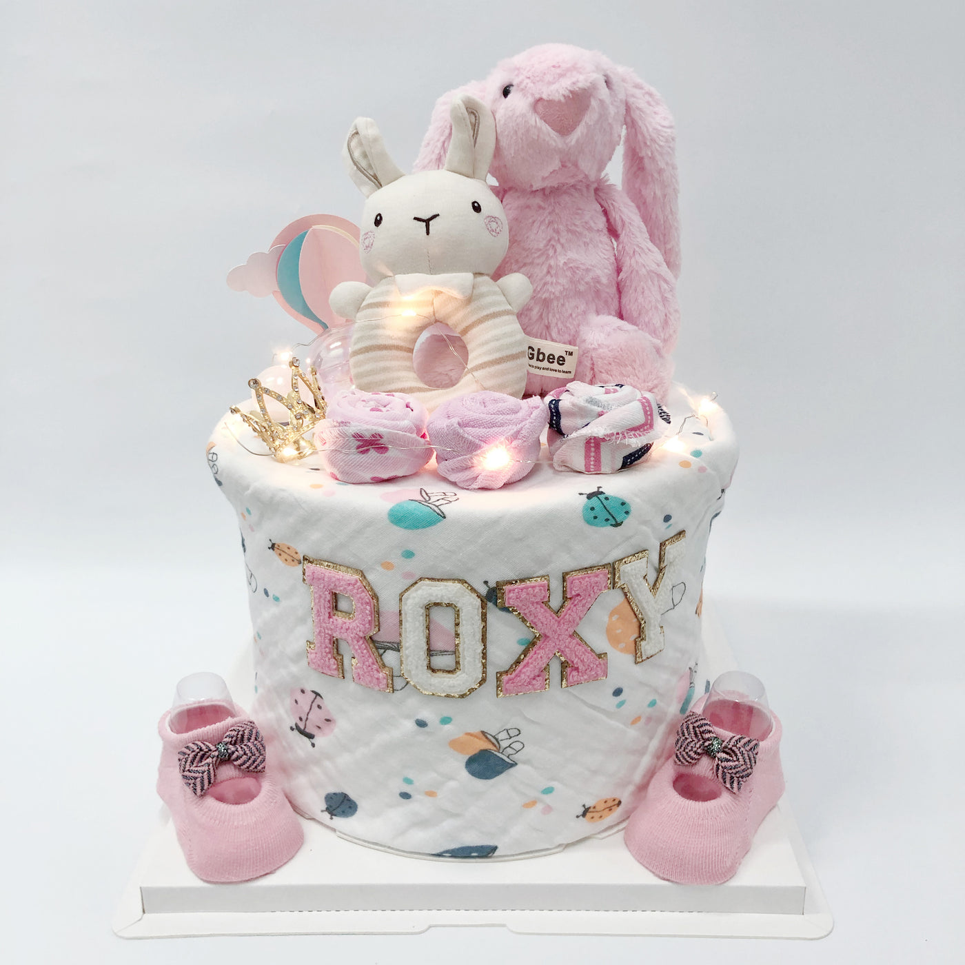 New Born Baby Girl LED Light Diaper Cake Pink Bunny Roses Gift Hamper - Little Kooma