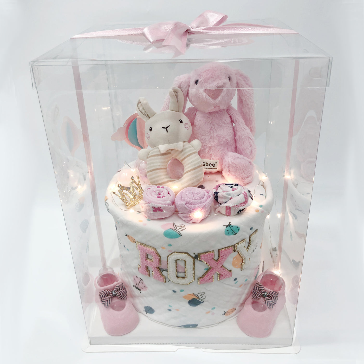 New Born Baby Girl LED Light Diaper Cake Pink Bunny Roses Gift Hamper - Little Kooma