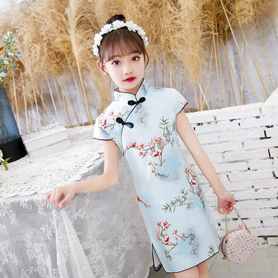 Kids Girls Lotus Flowers Crane Auspicious Clouds Cheongsam Dress Cap Sleeves CNY Chinese New Year Outfit - Little Kooma