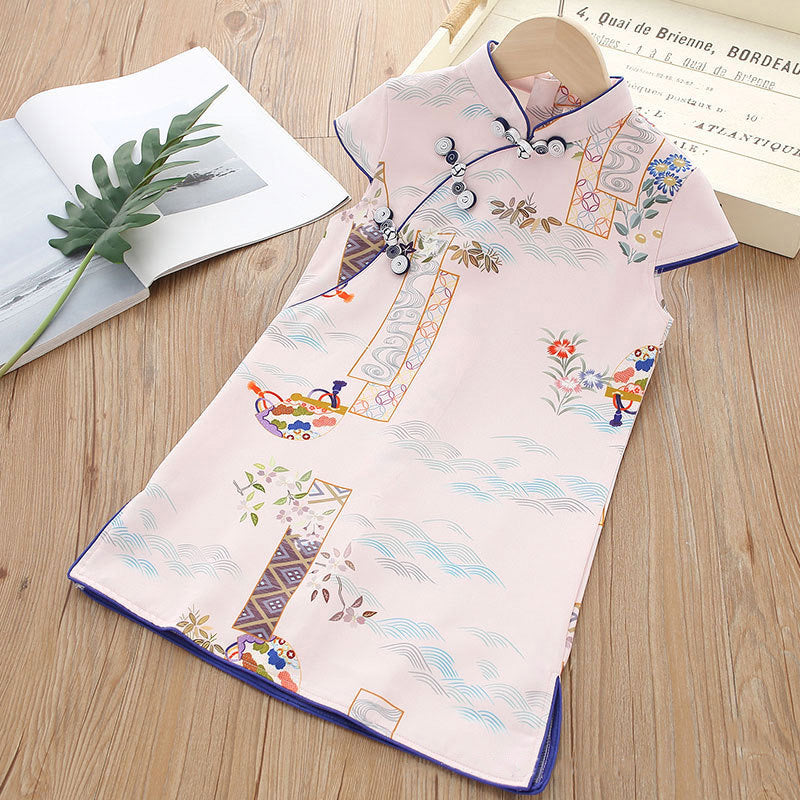 Kids Girls Lotus Flowers Crane Auspicious Clouds Cheongsam Dress Cap Sleeves CNY Chinese New Year Outfit - Little Kooma