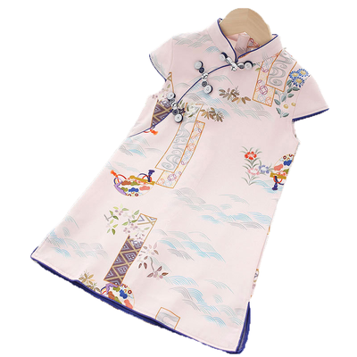 Kids Girls Lotus Flowers Crane Auspicious Clouds Cheongsam Dress Cap Sleeves CNY Chinese New Year Outfit - Little Kooma