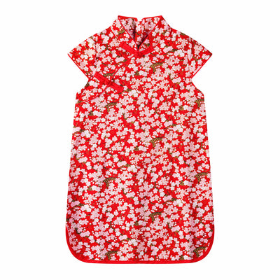 Red Cheongsam Dress w White n Pink Flowers n Branches - Little Kooma