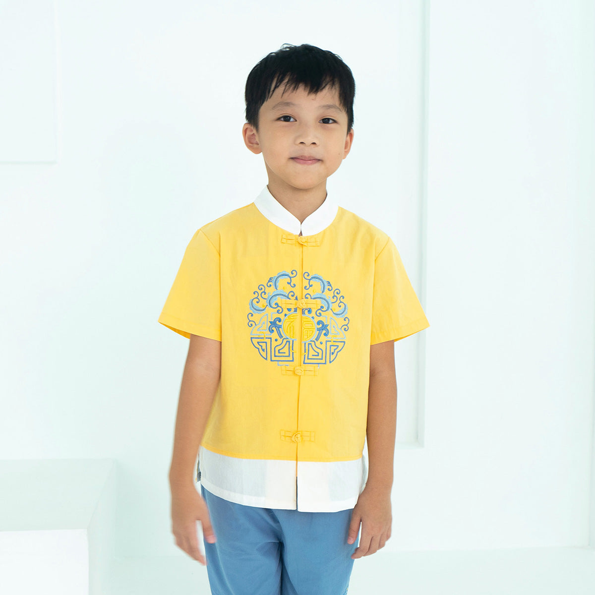 Baby Kids Boys Chinese Character Fu Cheongsam Set Yellow Top n Blue Shorts CNY Chinese New Year Outfit - Little Kooma