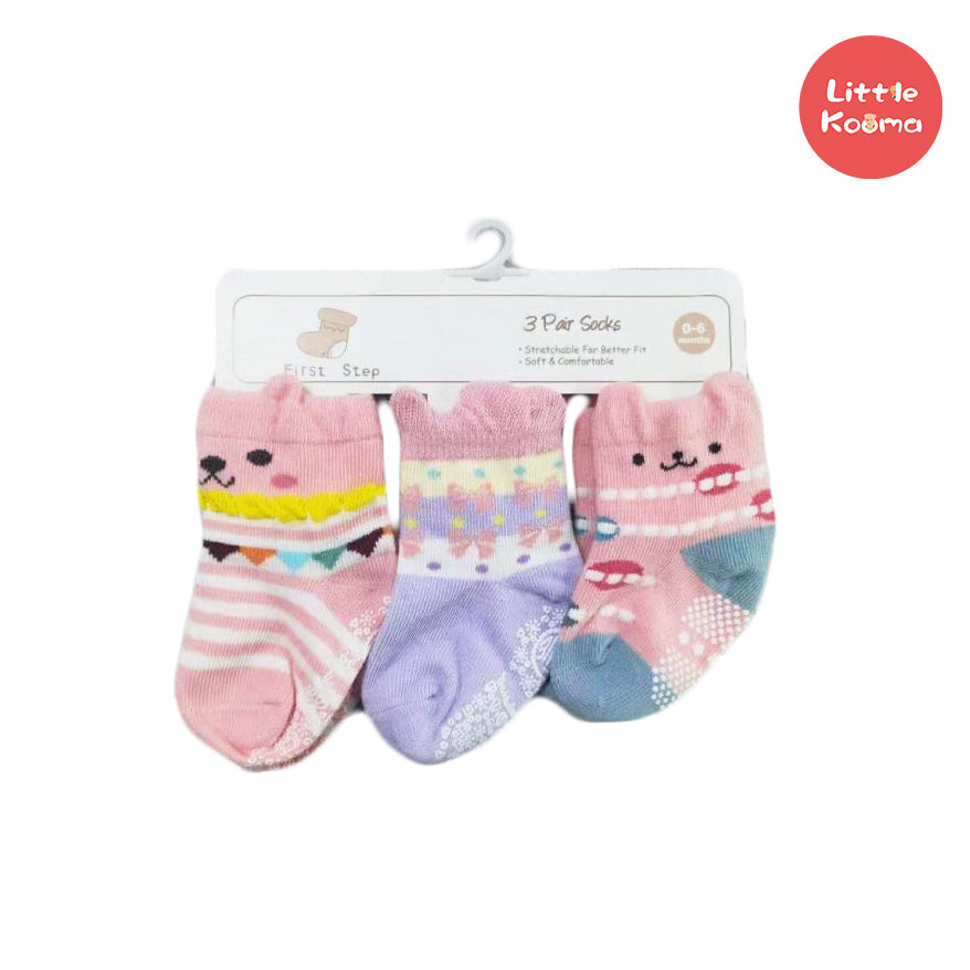 First Step Baby Socks 3 Pairs Pack Anti-slip BC71226 - Little Kooma