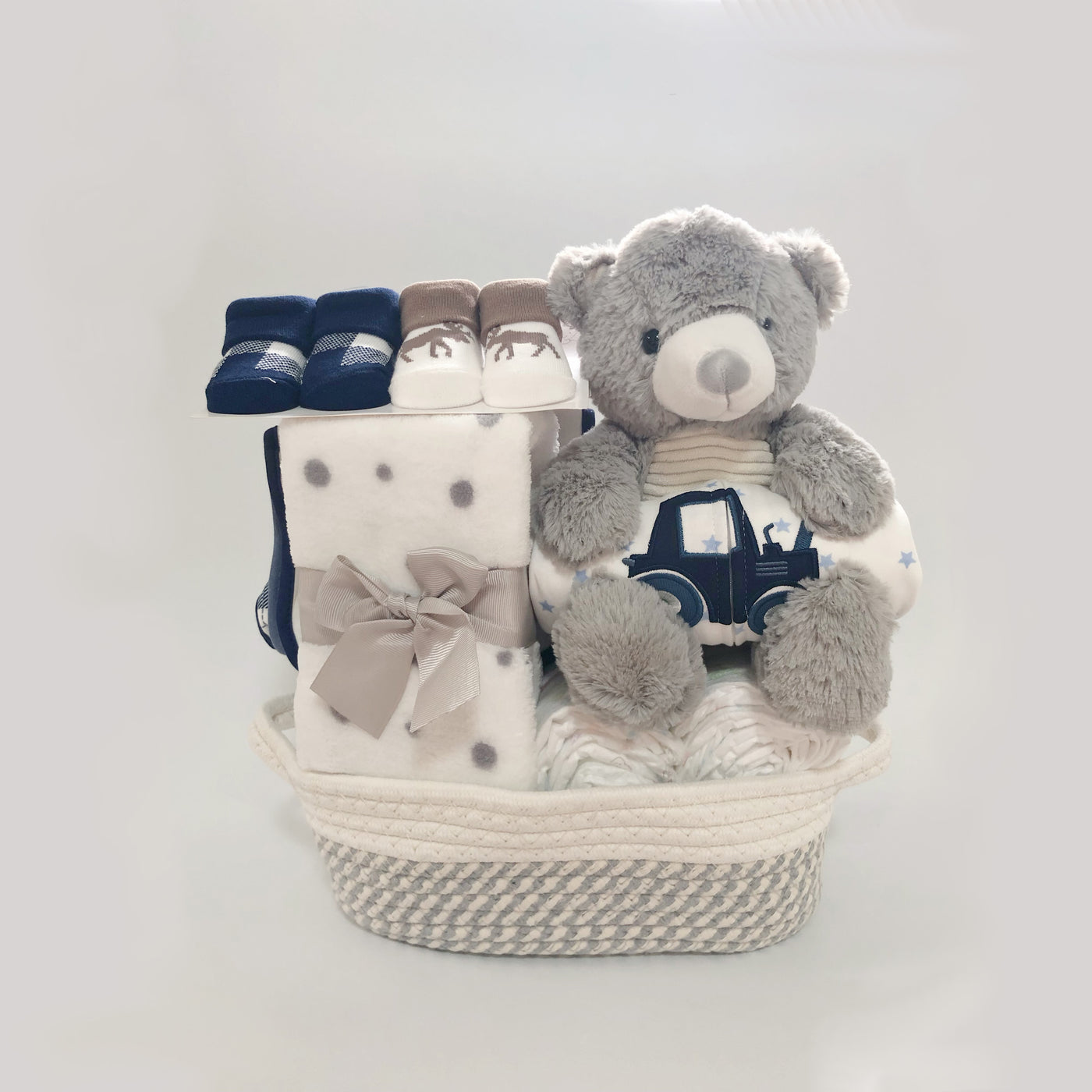 New Born Baby Boy LED Light Diaper Layette Toy Blanket Bear Moose Bulldozer Gift Hamper - Little Kooma